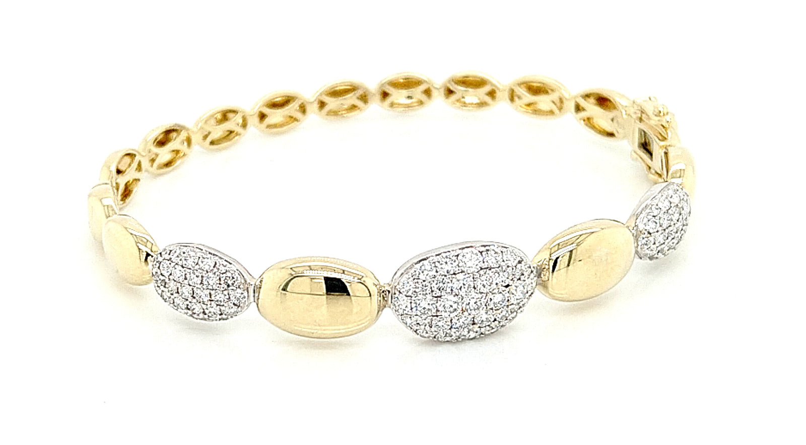 14K Yellow Gold Oval Link Pave Diamond Bangle Bracelet
