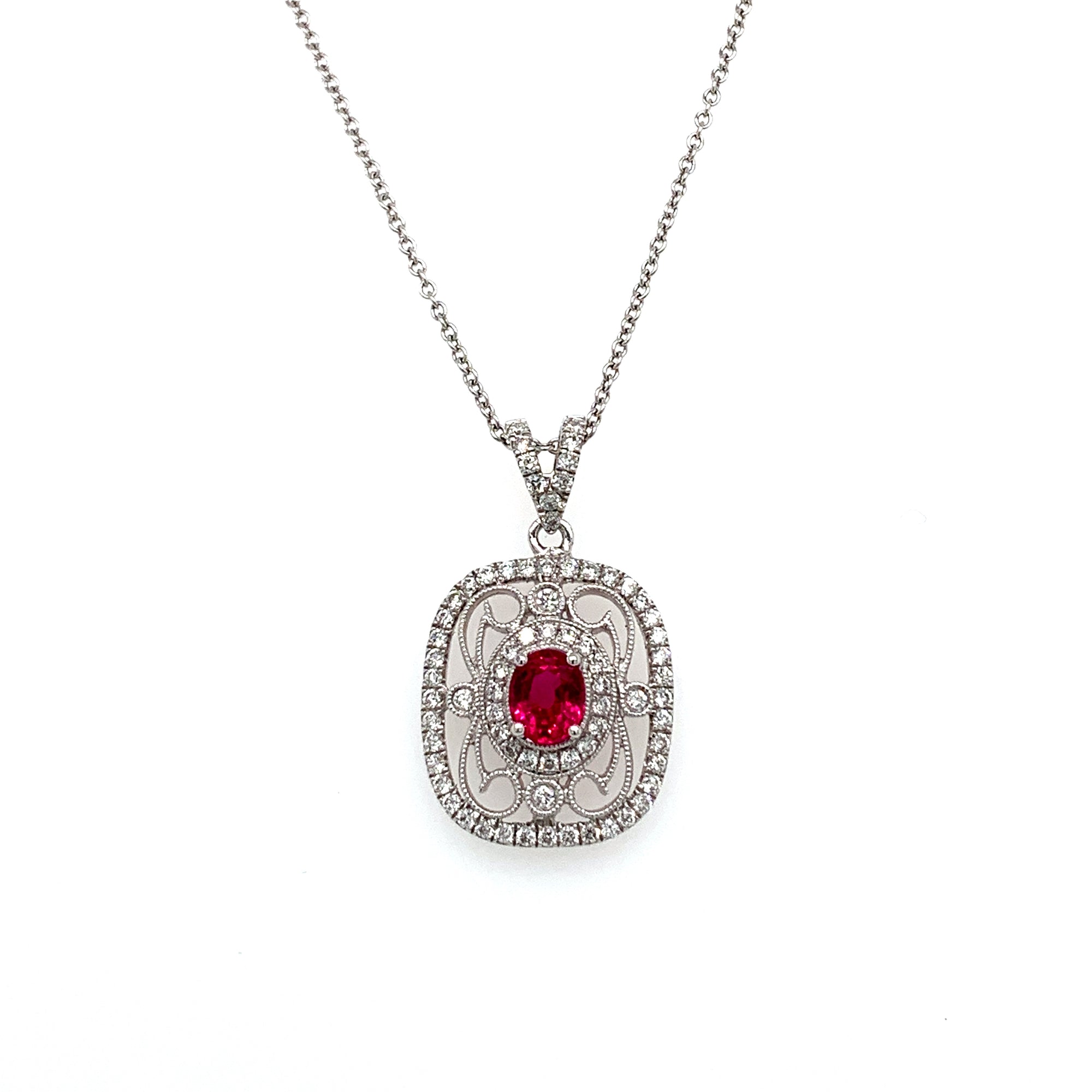 18K White Gold Ruby Vintage Style Necklace by Simon G. Jewelry