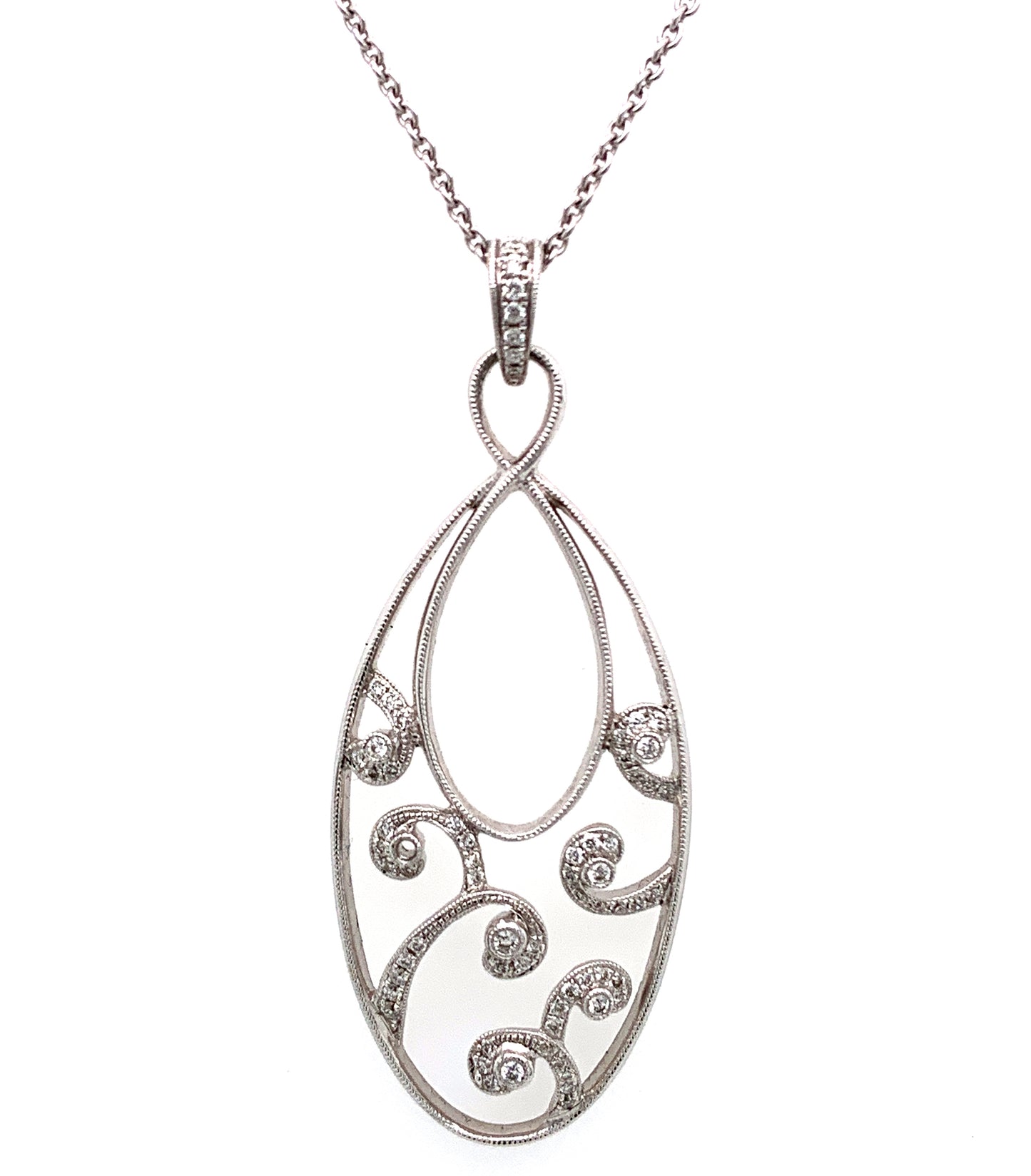 18K White Gold Filigree Drop Necklace