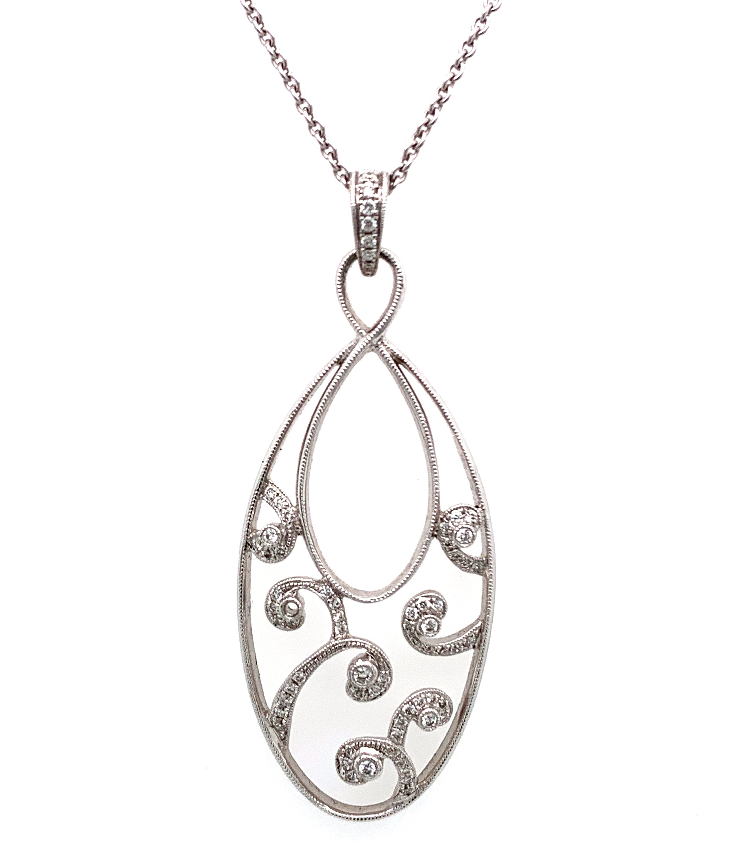 18K White Gold Filigree Drop Necklace
