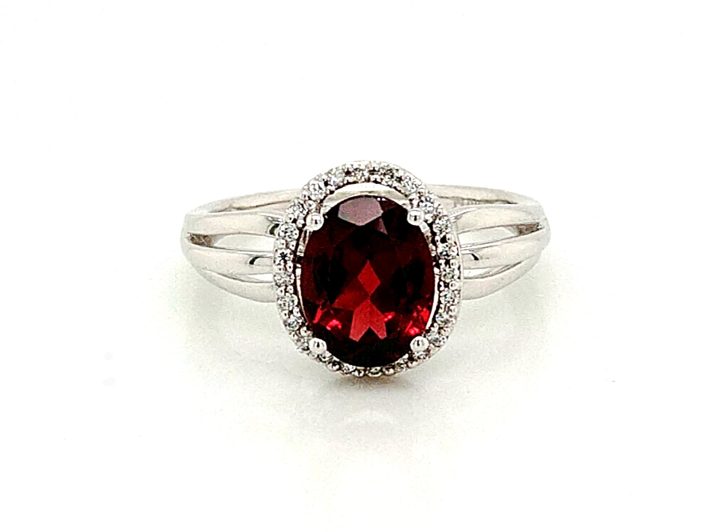 14K White Gold Garnet & Diamond Halo Ring