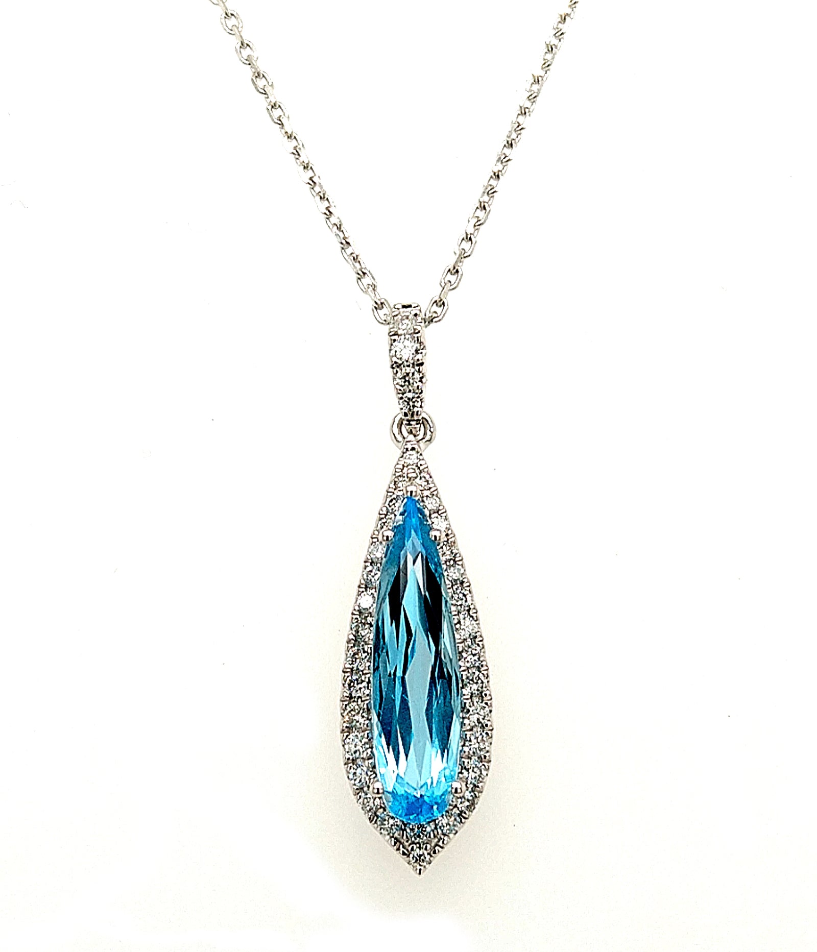 14K White Gold Blue Topaz & Diamond Halo Necklace