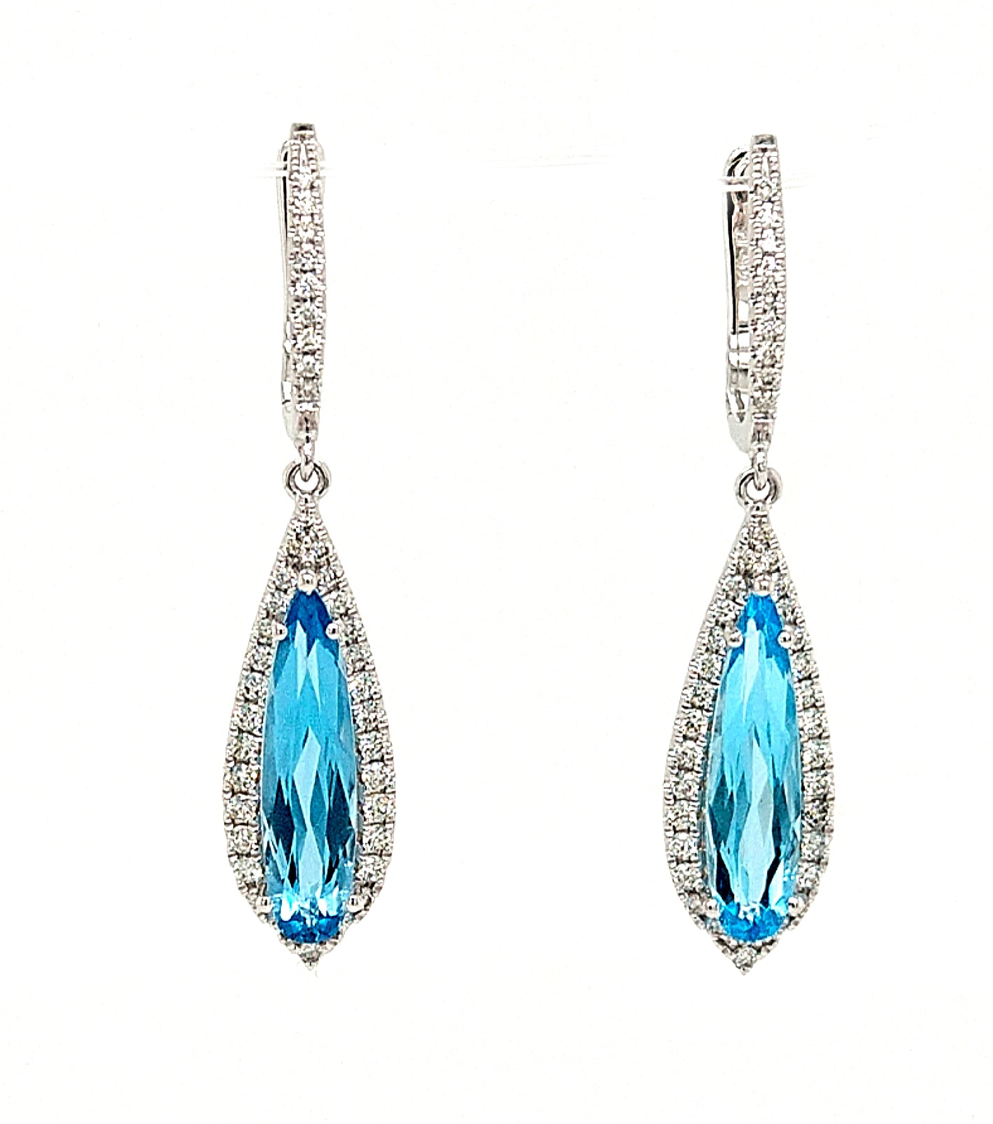 14K White Gold Blue Topaz & Diamond Halo Dangle Earrings