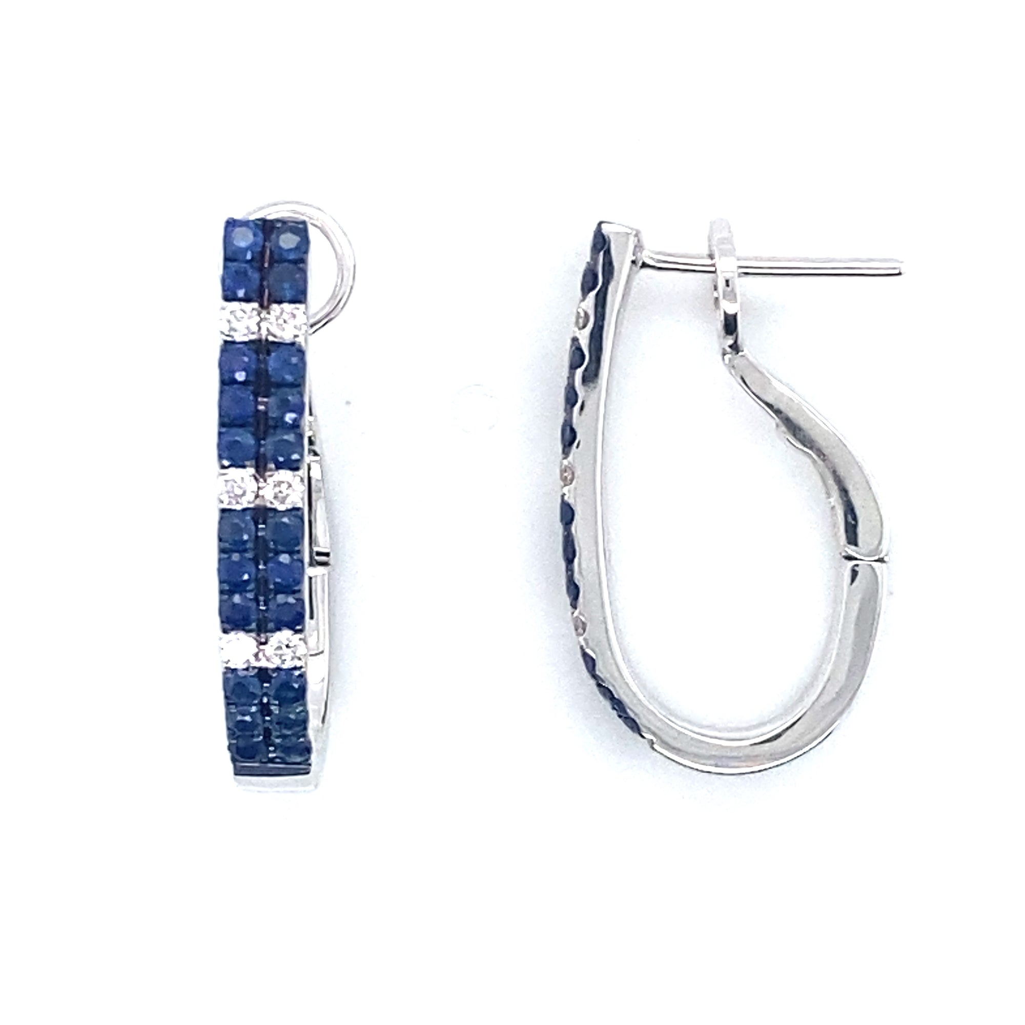 18K White Gold Blue Sapphire & Diamond U-Shape Hoop Earrings