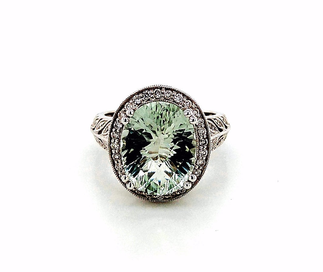 14K White Gold Diamond & Green Amethyst Ring