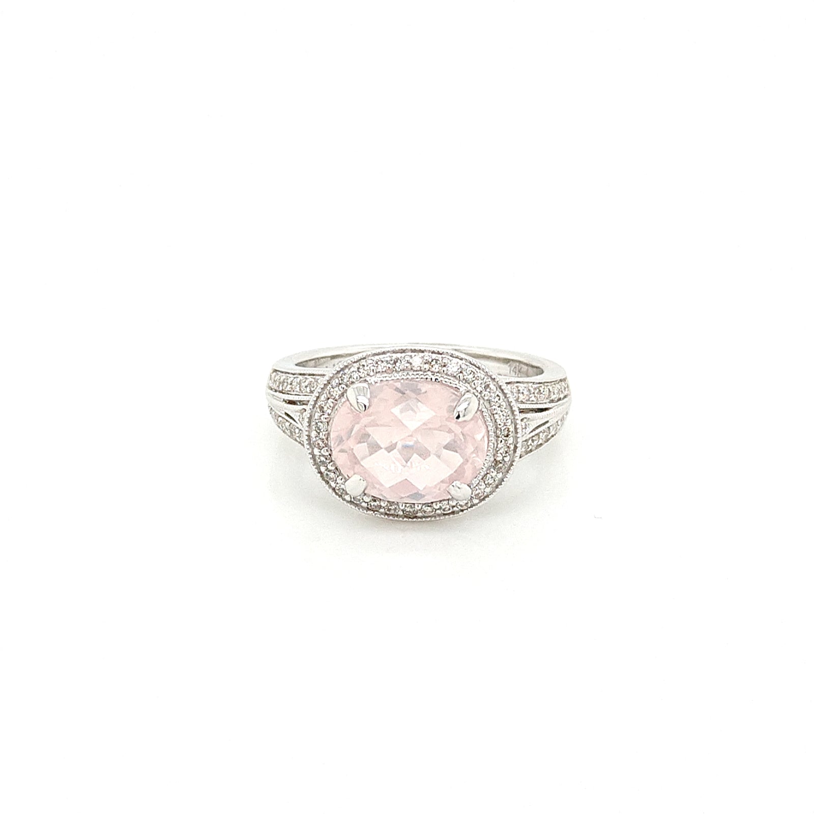 14K White Gold Rose Quartz & Diamond Ring