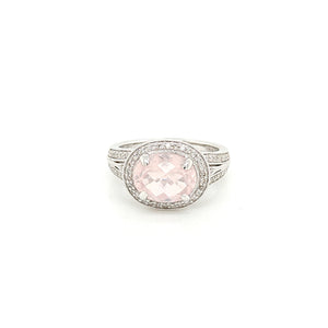 14K White Gold Rose Quartz & Diamond Ring