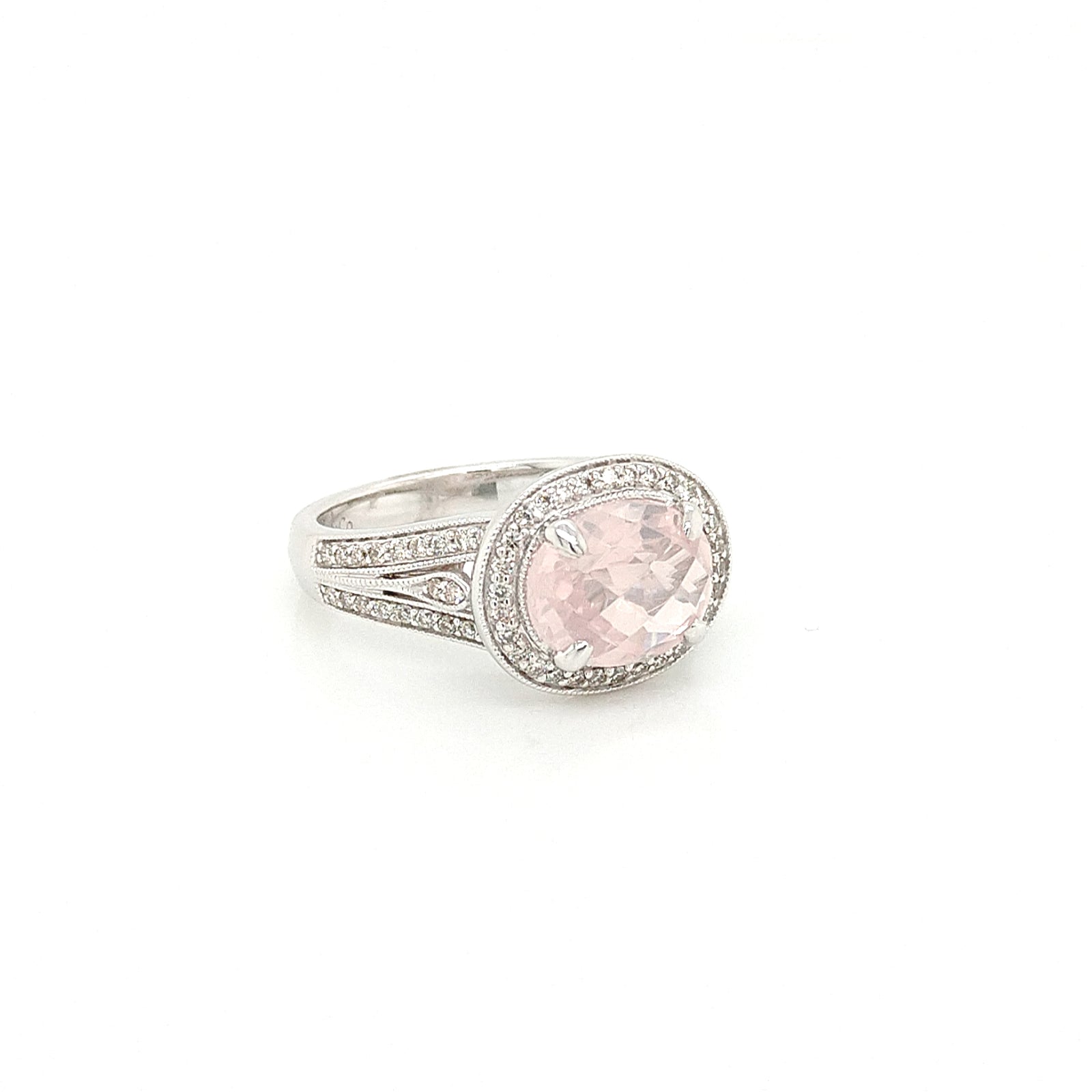 14K White Gold Rose Quartz & Diamond Ring