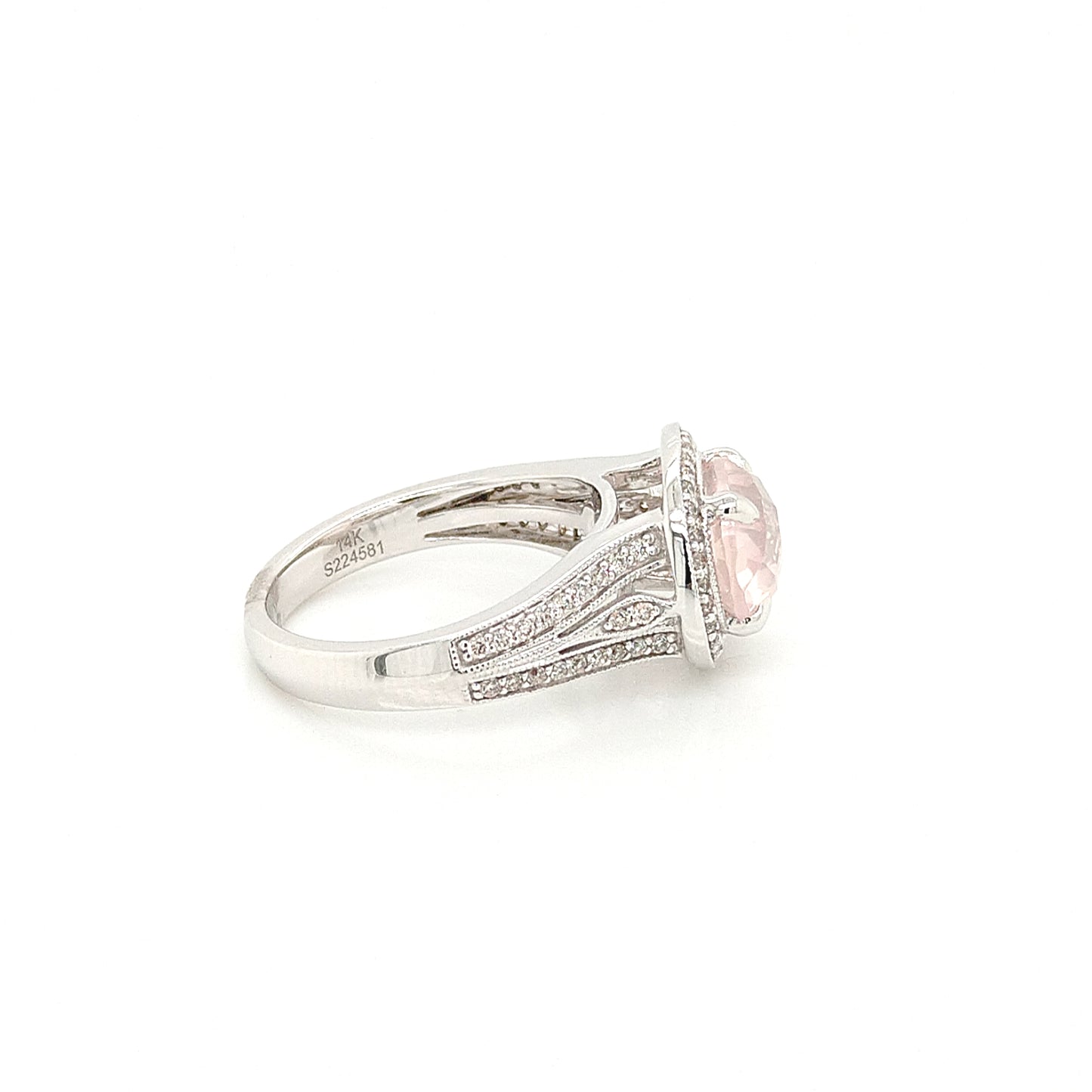 14K White Gold Rose Quartz & Diamond Ring