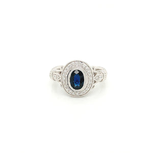 14K White Gold Art Deco Style Sapphire & Diamond Ring
