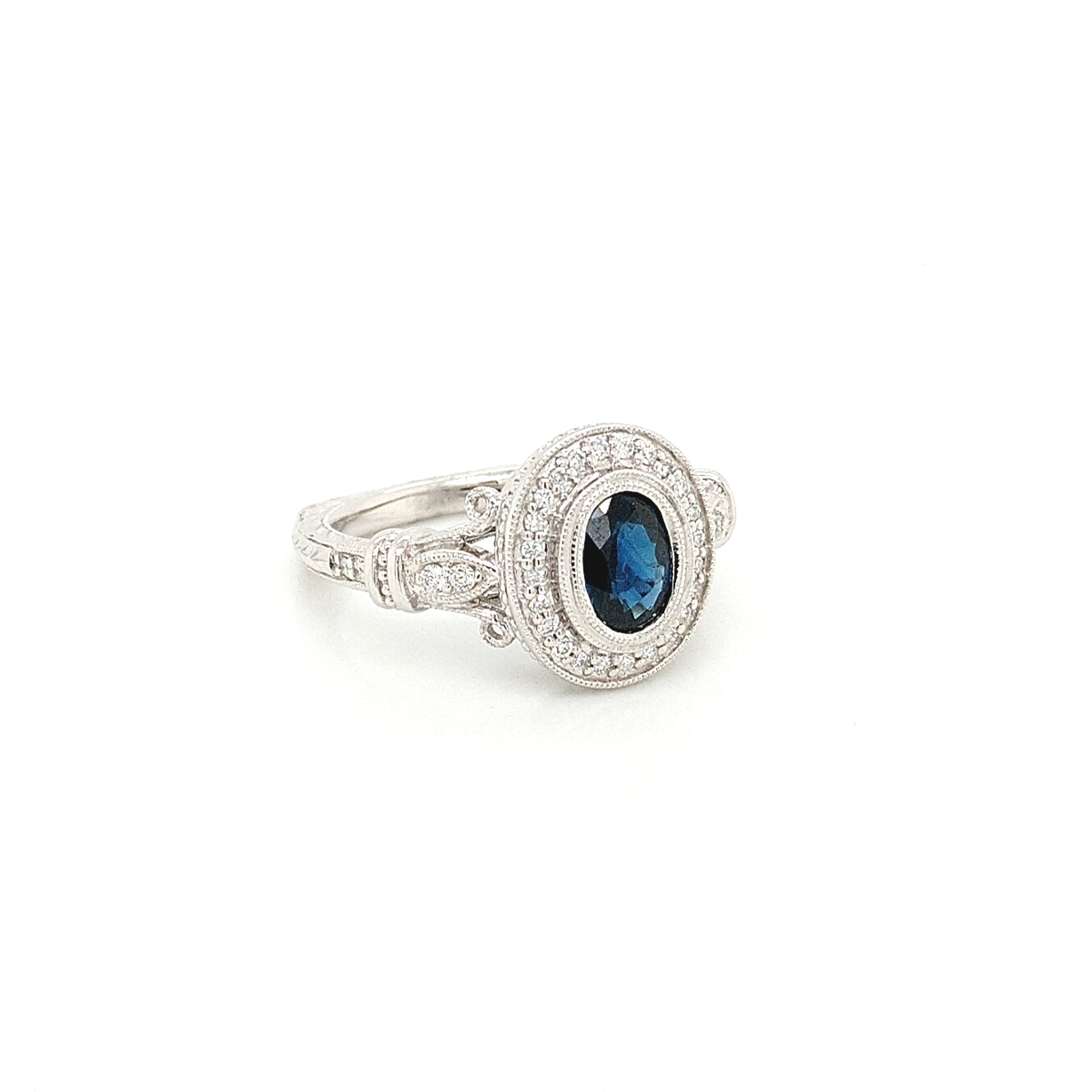 14K White Gold Art Deco Style Sapphire & Diamond Ring