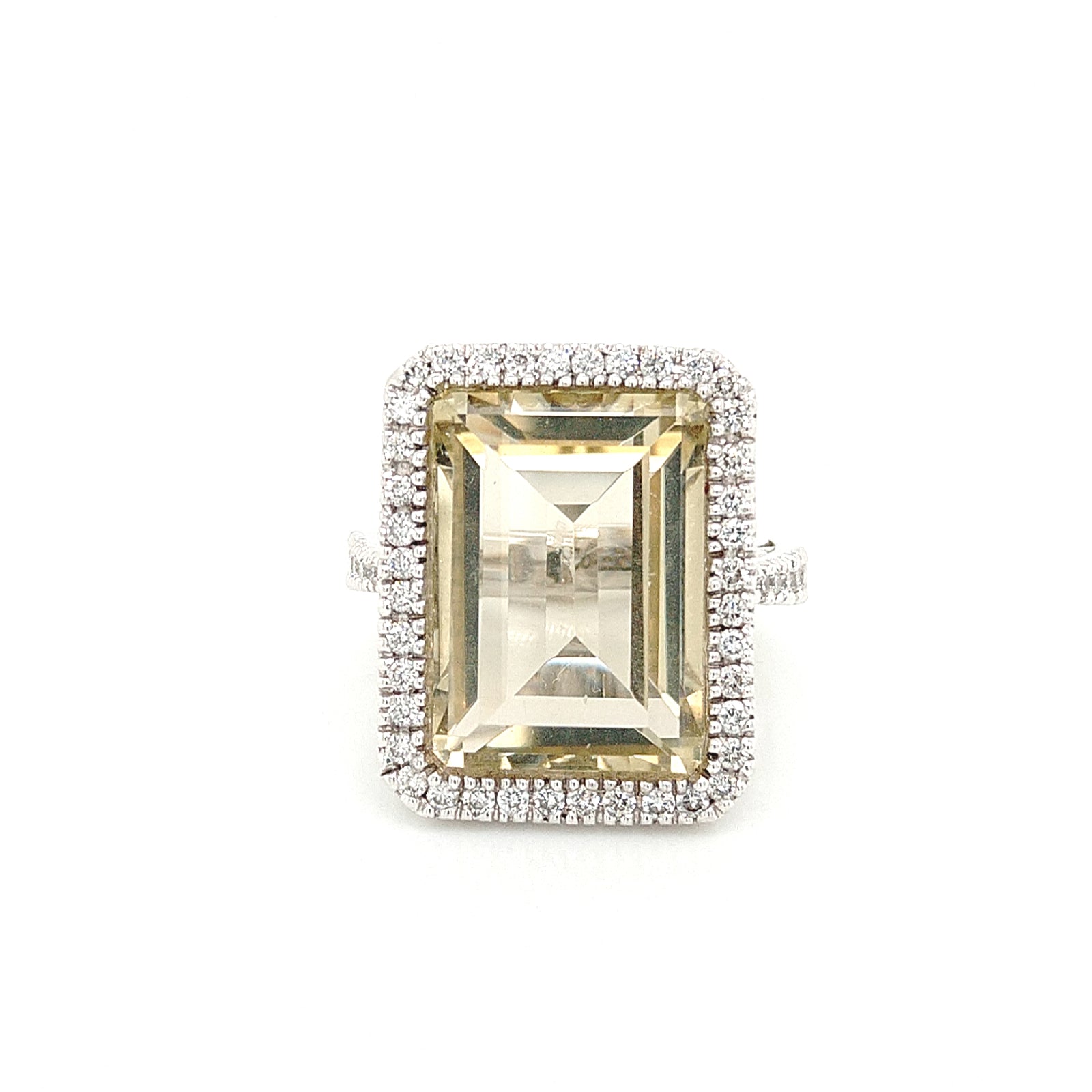14K White Gold Ring Emerald Cut Lemon Quartz & Diamond Ring