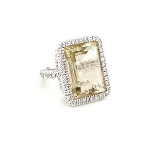 14K White Gold Ring Emerald Cut Lemon Quartz & Diamond Ring