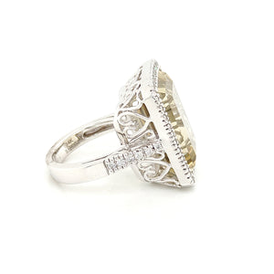 14K White Gold Ring Emerald Cut Lemon Quartz & Diamond Ring