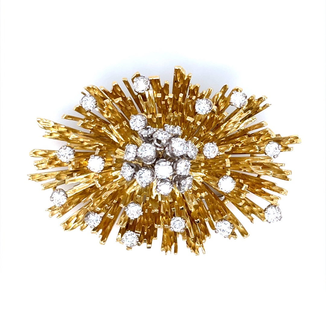 18K Yellow Gold Brooch with Scatter Diamonds Set in Platinum