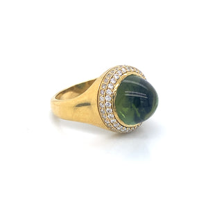 18K Yellow Gold Cabochon Green Tourmaline & Diamond Ring