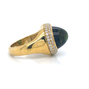 18K Yellow Gold Cabochon Green Tourmaline & Diamond Ring