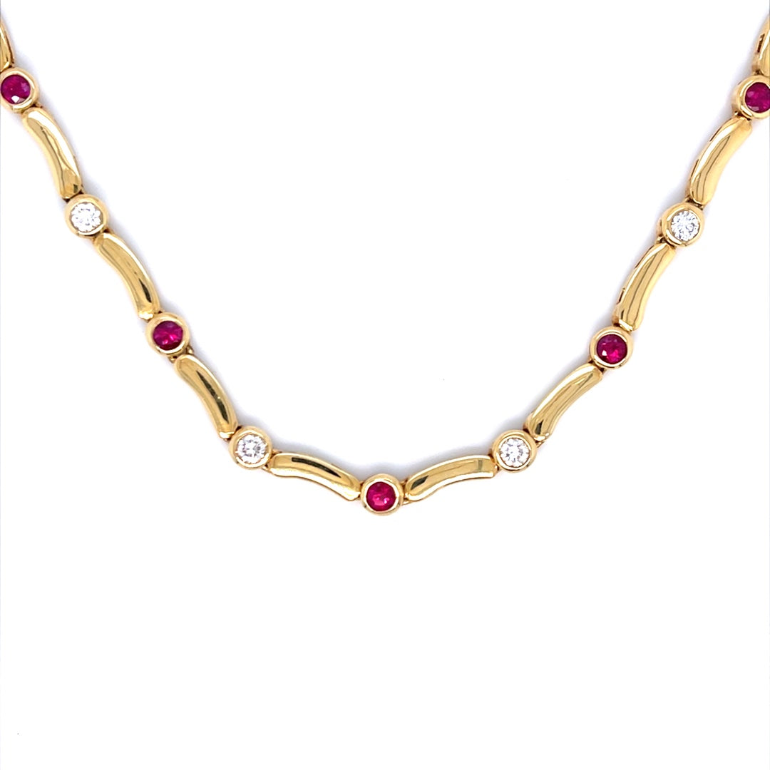 18K Yellow Gold Estate Necklace with Bezel Set Rubies & Diamonds