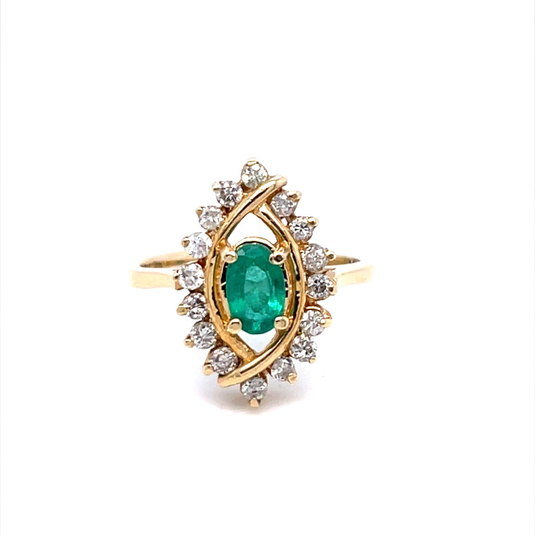 14K Yellow Gold Oval Emerald & Diamond Ring