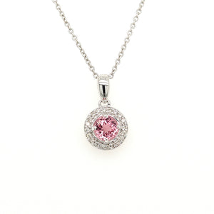 14K White Gold Pink Tourmaline & Diamond Halo Round Necklace