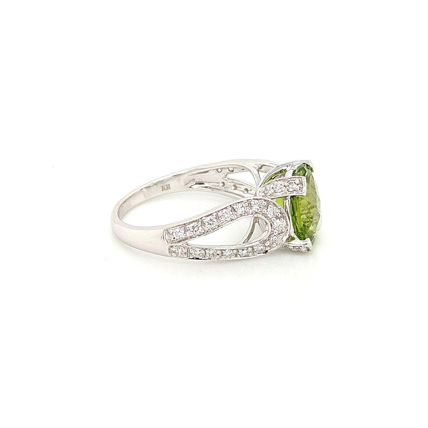 14K White Gold Oval Peridot & Split Shank Diamond Ring