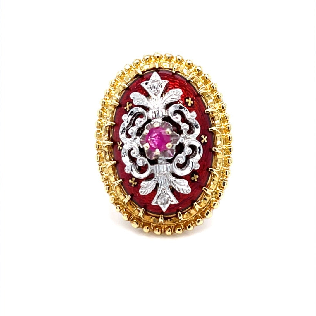 18K Yellow Gold & Platinum Ruby & Red Enamel Vintage Ring