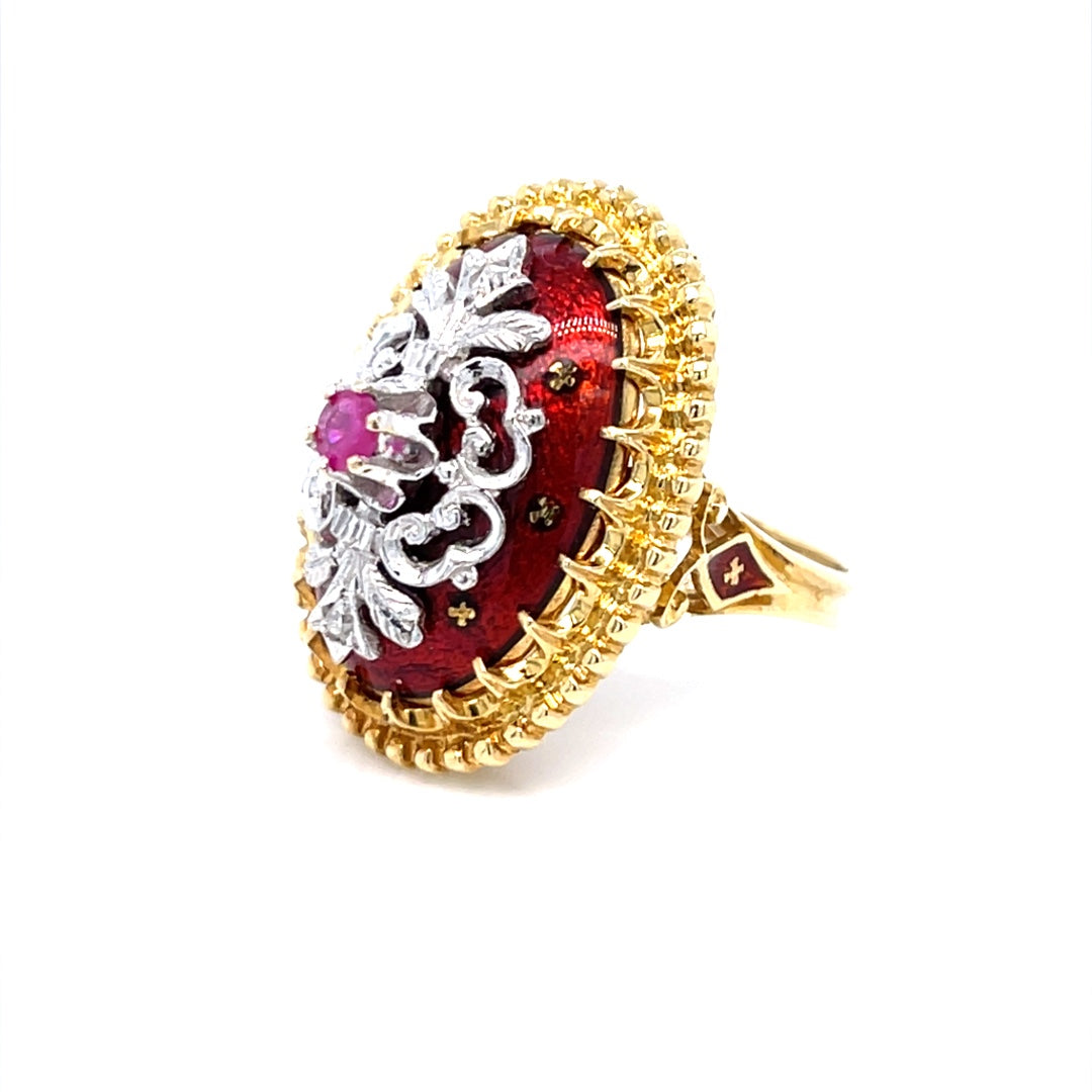 18K Yellow Gold & Platinum Ruby & Red Enamel Vintage Ring