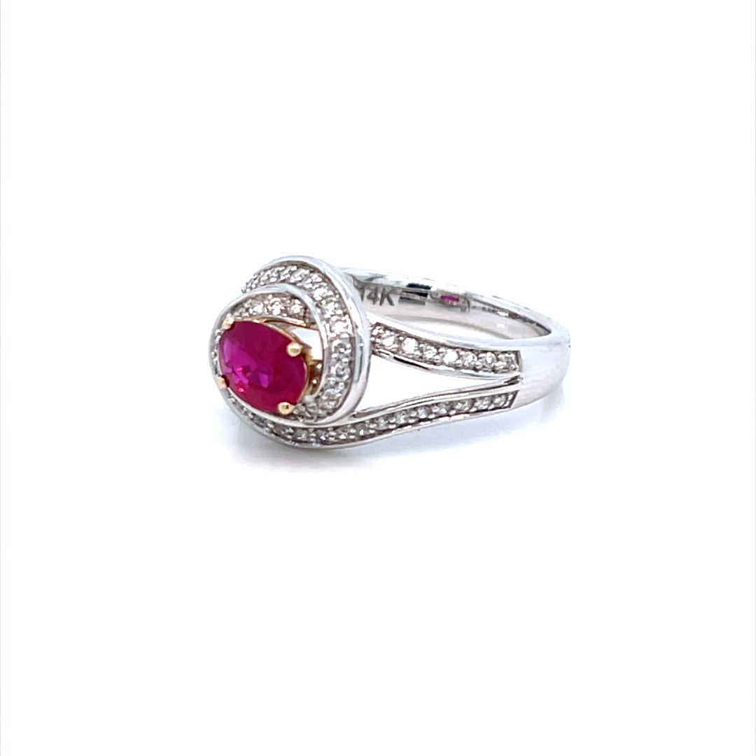 14K White Gold Oval Ruby & Diamond Twist Design Ring