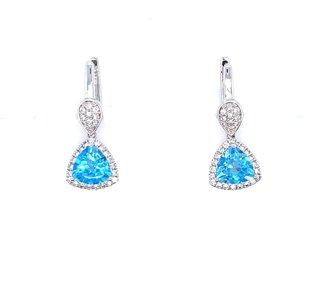 14K White Gold Swiss Blue Topaz & Diamond Halo Drop Earrings