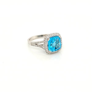 14K White Gold Swiss Blue Topaz & Diamond Fashion Ring