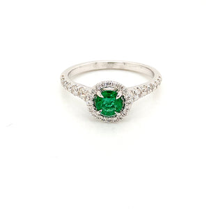 14K White Gold Halo Style Emerald and Diamond Ring