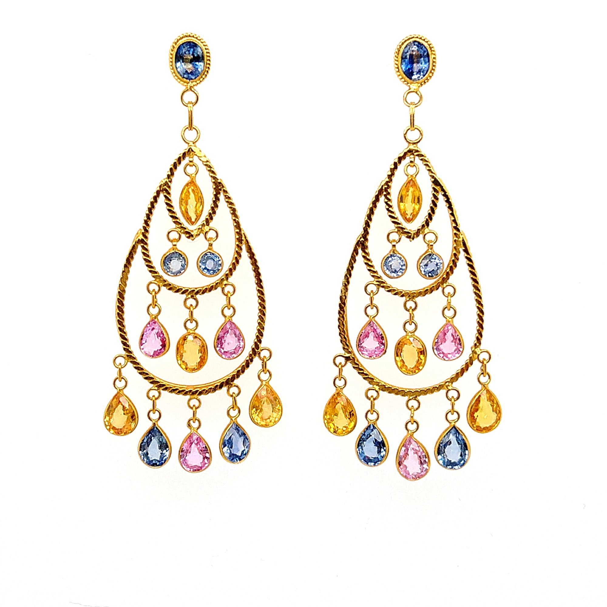 18K Yellow Gold Multi-Color Sapphire Chandelier Earrings