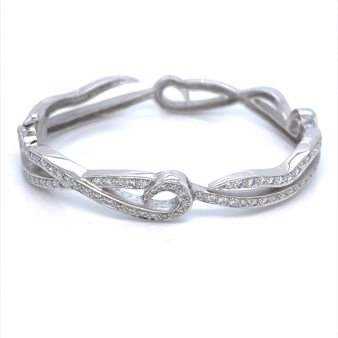 18K White Gold Swirl Design Diamond Bangle Bracelet