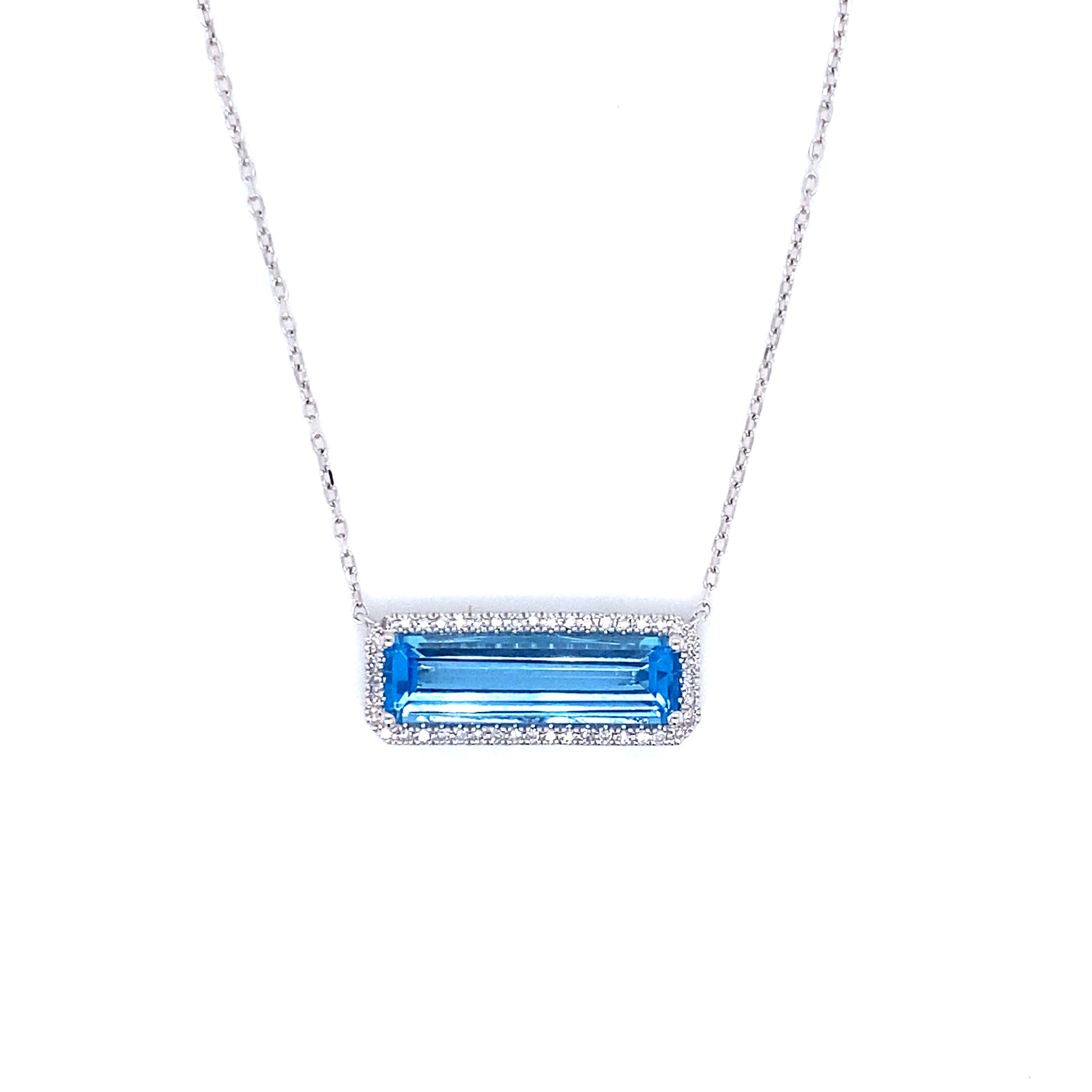 14K White Gold Blue Topaz & Diamond Halo Necklace