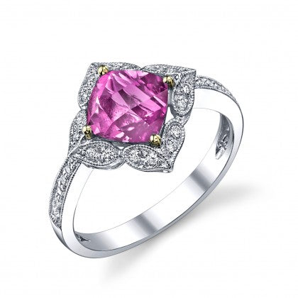 14K White Gold Cushion Cut Pink Tourmaline & Diamond Accent Floral Design Ring