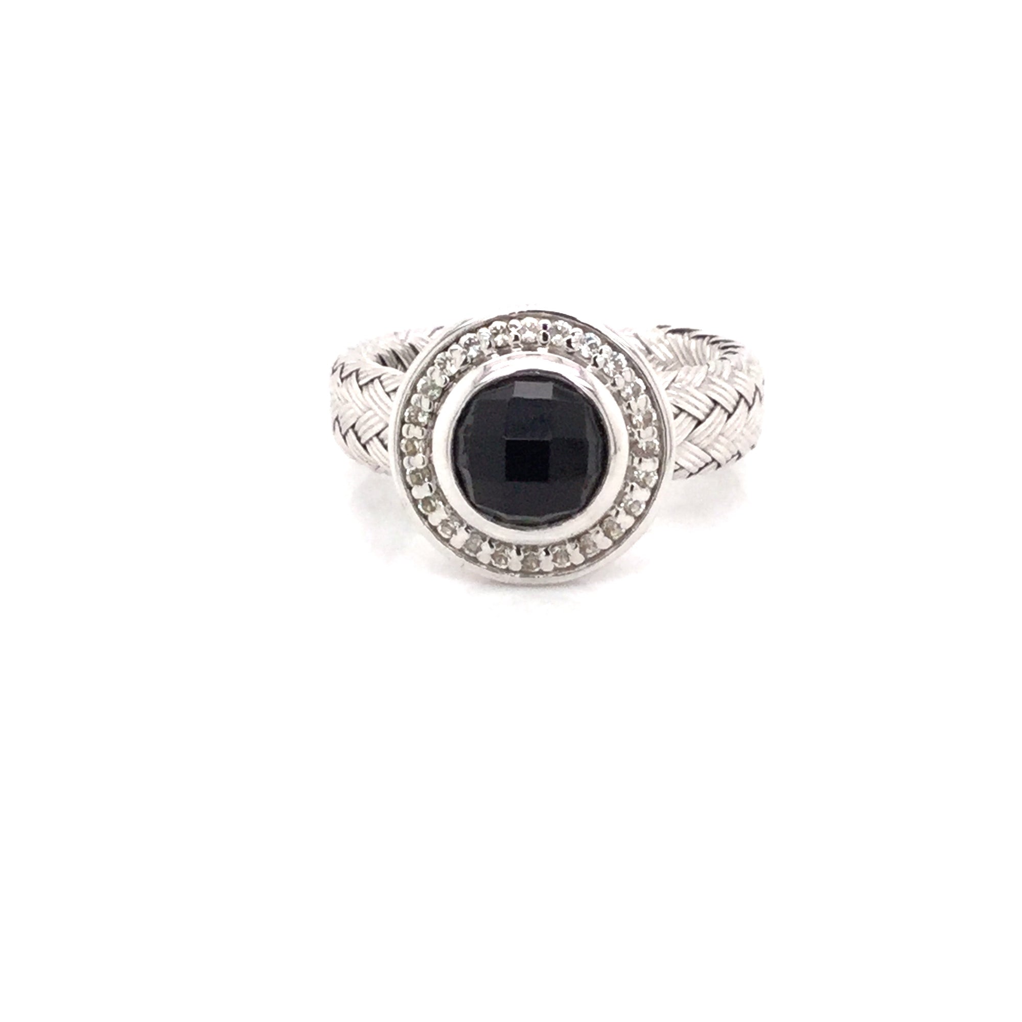 Sterling Silver Onyx & Cubic Zirconia Woven Ring