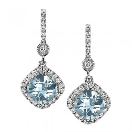 14K White Gold Vintage Style Aquamarine & Diamond Dangle Earrings