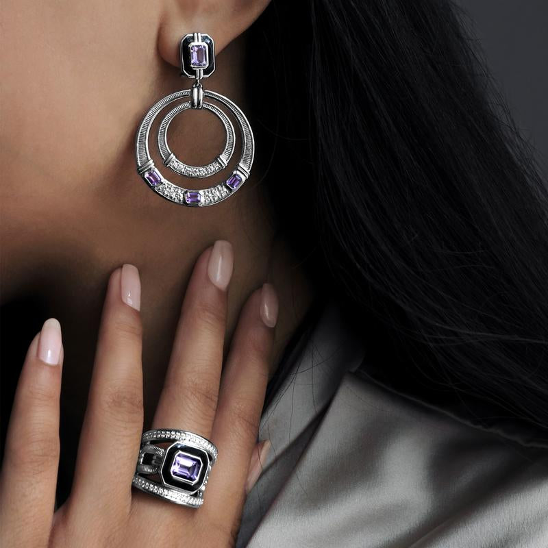 Judith Ripka Sterling Silver Amethyst Diamond Circular Drop Adrienne Earrings