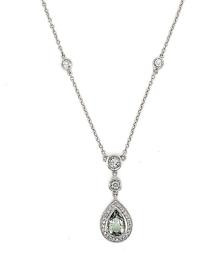 14K White Gold Pear Cut Green Amethyst & Diamond Necklace