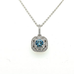 14K White Gold Aquamarine & Diamond Halo Vintage Style Necklace