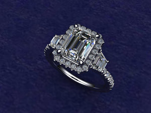 Custom Made Emerald Cut & Trapezoid Platinum Engagement Ring 