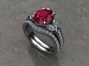 Custom Made Ruby & Diamond Platinum Ring with Matching Wedding Band