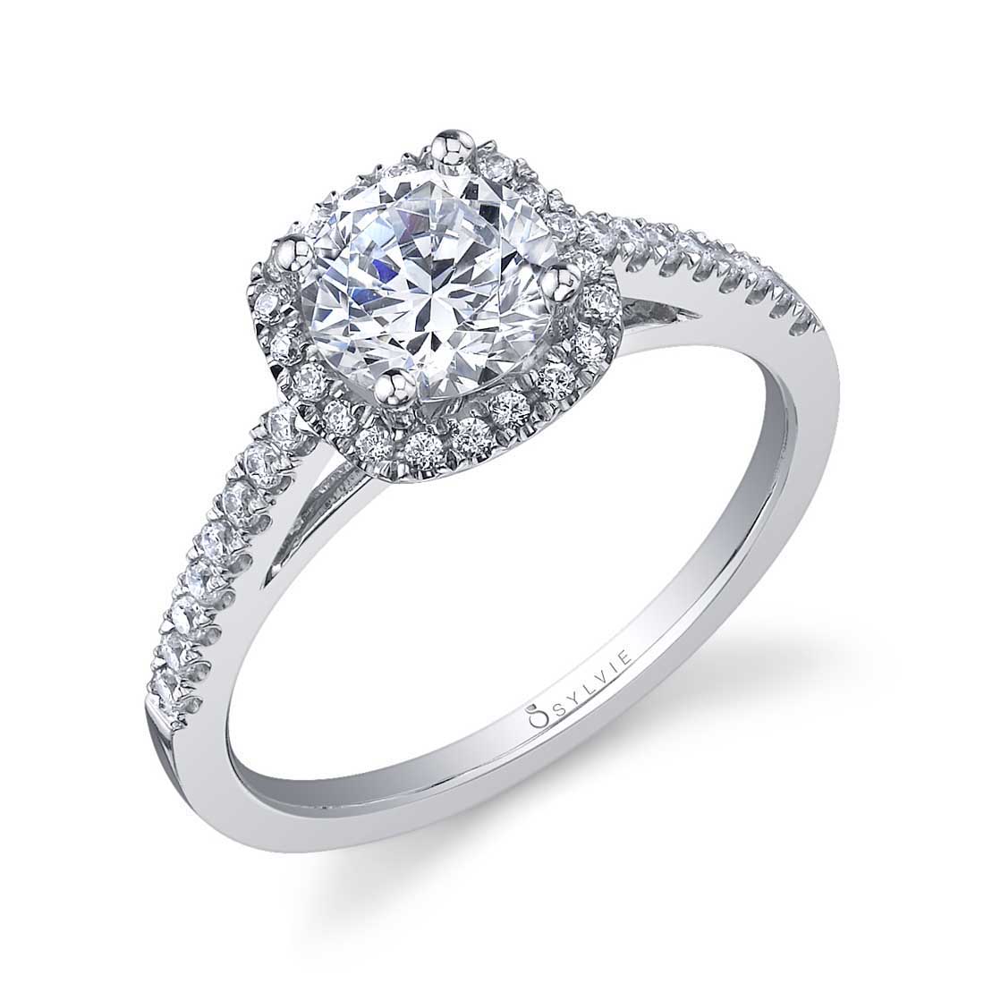 Sylvie 14K White Gold Classic Cushion Cut Halo Engagement "Klara" Ring