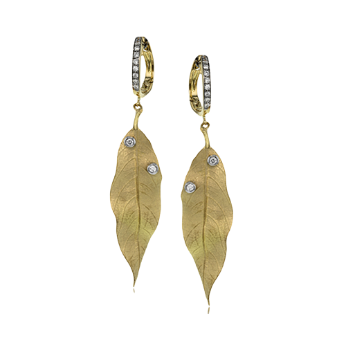 18K Yellow Gold Leaf Design Drop Earrings With Bezel Set Diamonds by Simon G. Jewelry