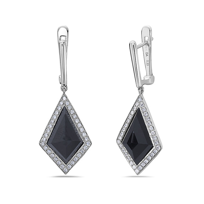 14K White Gold Black Onyx & Diamond Drop Earrings