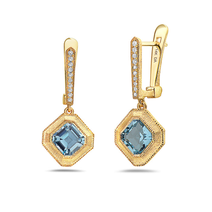 14K Yellow Gold Asscher Cut Blue Topaz & Diamond Drop Earrings