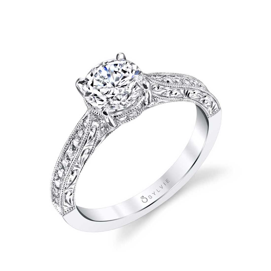Sylvie 14K White Gold Hand Engraved Round Engagement "Envie" Ring