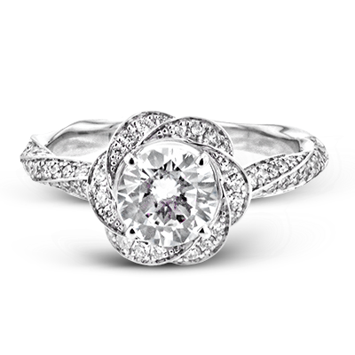 18K White Gold Round Twist Design Diamond Halo Engagement Ring by Simon G. Jewelry