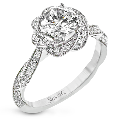 18K White Gold Round Twist Design Diamond Halo Engagement Ring by Simon G. Jewelry