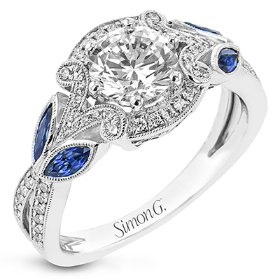 Simon G. 18K White Gold Diamond & Sapphire Vintage Style Engagement Ring